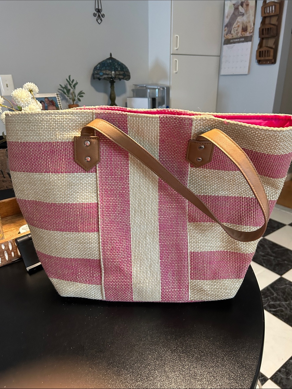 Striped Pink and Cream Beach Tote Bag with Tan Handles